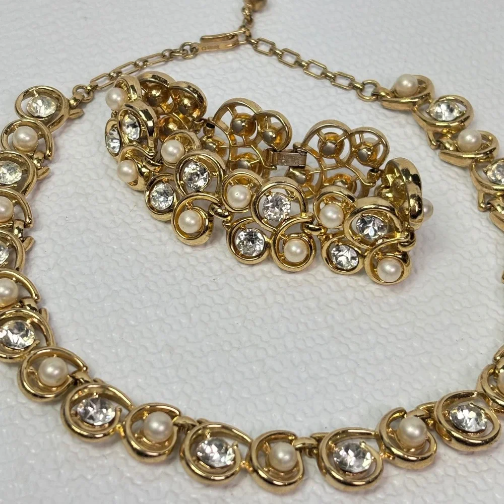 Trifari Set Gold Tone Faux Pearl Rhinestone Necklace Bracelet Vintage Costume